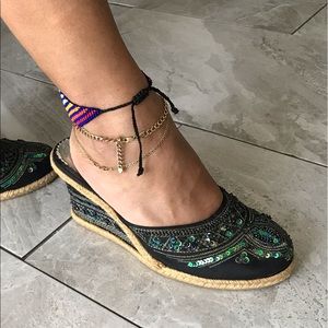 BAMBOO Peacock Espadrille Beaded Wedge Sandals | 7.5